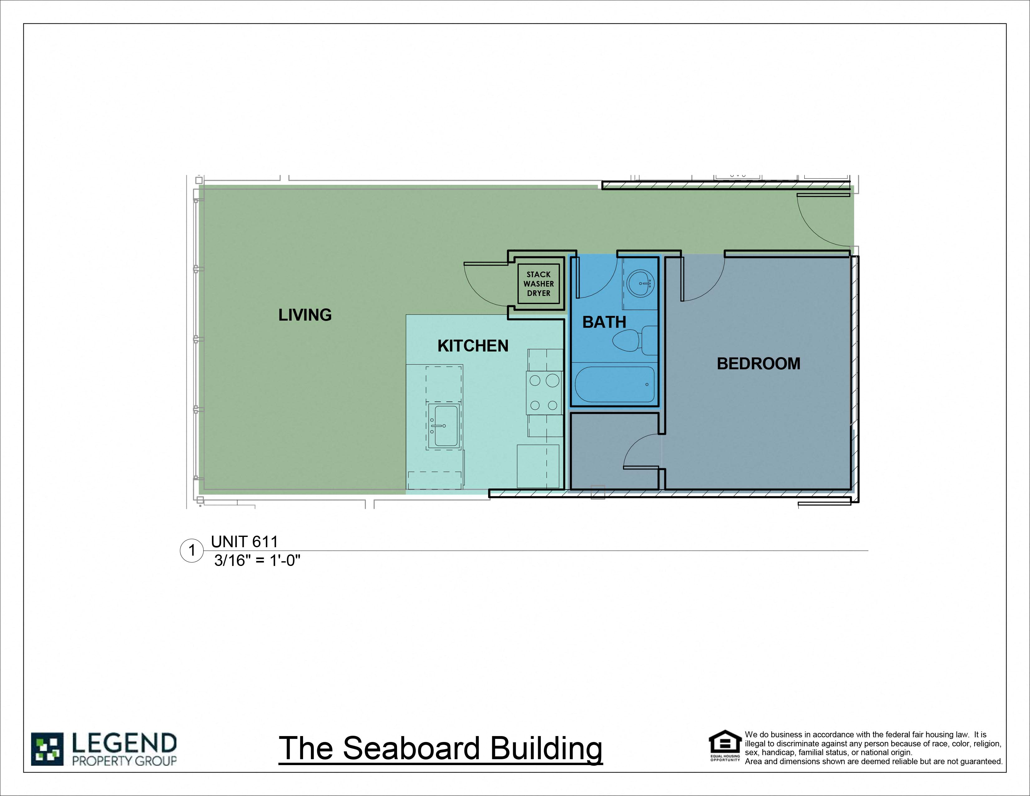 Floor plan for 1 bed, 1 bath, 659 sqft